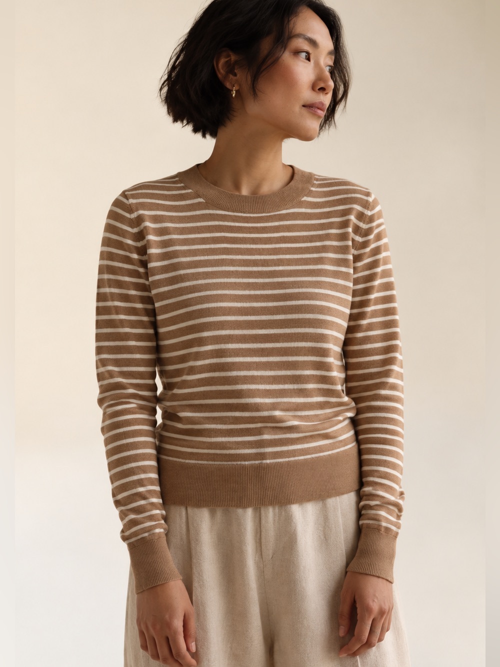 Banana Republic 100% Merino Wool Brown Cream Striped Crewneck Sweater Small